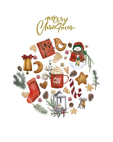 水彩メリー クリスマス カード クリスマス気分と伝統的な装飾の要素を持つ レタリングとラウンド手描きイラスト — ストック写真