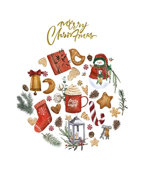 bir Noel ruh hali ve geleneksel dekor öğeleri ile suluboya neşeli Noel kartı. Yuvarlak handdrawn illüstrasyon yazı ile.
