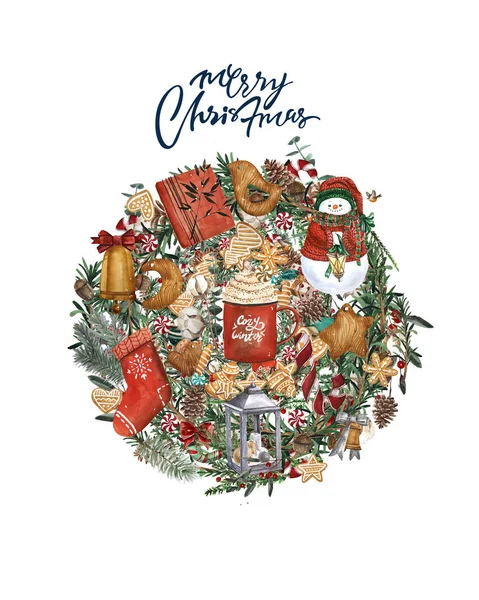 Aquarell Weihnachtskarte Mit Weihnachtlichen Elementen Und Traditionellem Dekor Runde Handgezeichnete — Stockfoto