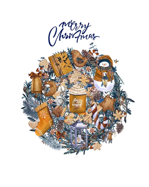 Aquarell Weihnachtskarte Mit Weihnachtlichen Elementen Und Traditionellem Dekor Runde Handgezeichnete — Stockfoto