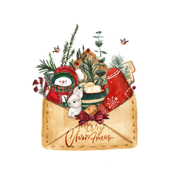 bir Noel ruh hali ve geleneksel dekor öğeleri ile suluboya neşeli Noel kartı. Yazı ile handdrawn illüstrasyon. Zarf hediyeler ile.