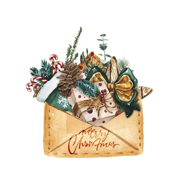 watercolor Merry Christmas card with elements of a Christmas mood and traditional decor. Handdrawn illustration with lettering. Envelope with gifts.