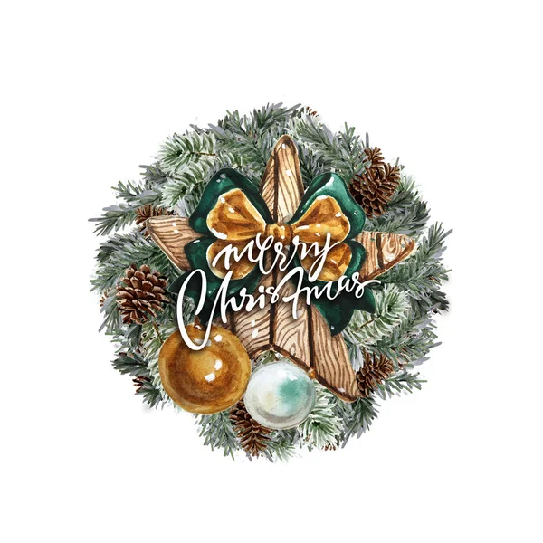 watercolor Merry Christmas card with elements of a Christmas mood and traditional decor. Round handdrawn illustration with lettering.