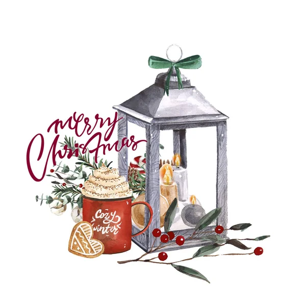 Bir Noel ruh hali ve geleneksel dekor öğeleri ile neşeli Noel kartı. handdrawn illüstrasyon yazı ile.