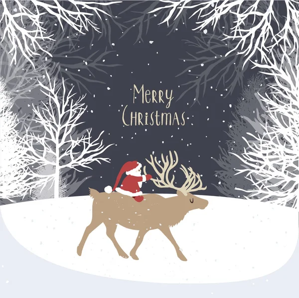 Winter Landscape Santa Claus Deer Gift Snowy Evening Village Forest — Stock Vector