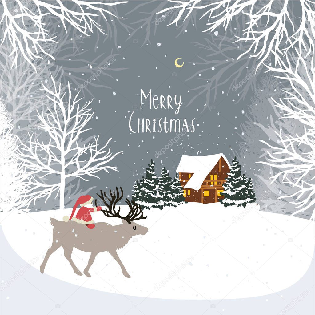 winter landscape with santa claus on the deer with gift. Snowy evening village in the forest on a background of mountains. Flat vector illustration.
