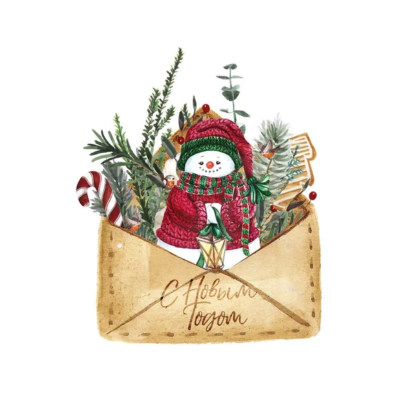 Grinalda de Natal aquarela com biscoitos de gengibre e ramos. Ilustração desenhada à mão. Bom para cartões e decorações de Natal. Cartão em língua russa para o feliz ano novo . — Fotografia de Stock