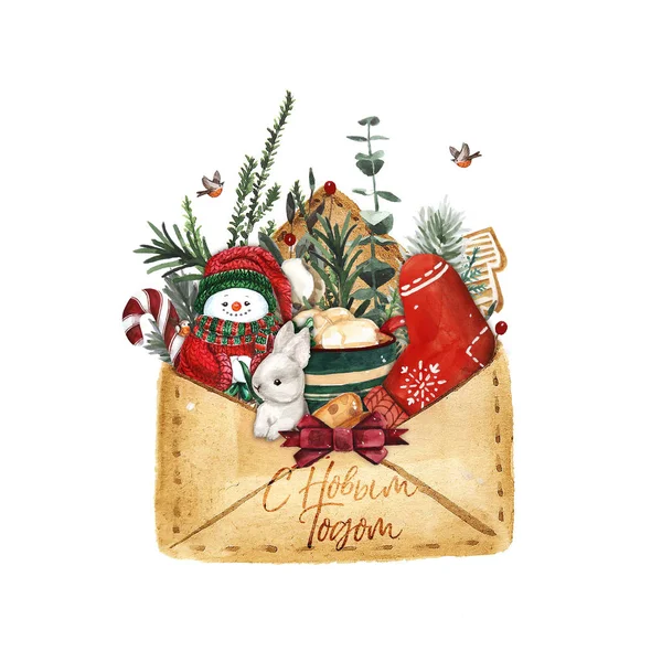 Bunga Natal berwarna air dengan kue dan cabang roti jahe. Ilustrasi gambar tangan. Baik untuk kartu dan dekorasi Natal. Kartu bahasa Rusia untuk tahun baru yang bahagia . — Stok Foto