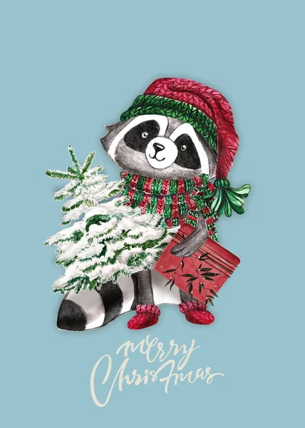 Noel Woodland şirin orman karikatür rakun, ayı hayvan karakter. Yeni yıl kartı dizi kış