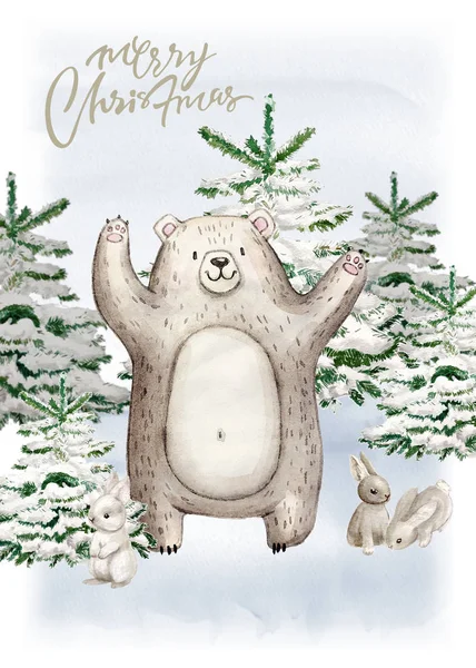 Navidad Woodland Cute bosque de dibujos animados mapache, oso personaje animal. Conjunto de invierno de la tarjeta de año nuevo —  Fotos de Stock