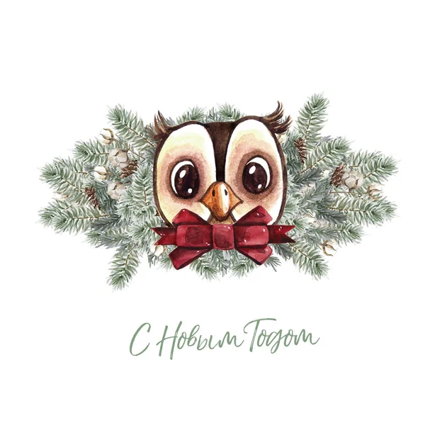 Sada vánočních Woodland roztomilý kreslený lesní medvěd roztomilý sova, kočka a racoon postava. Zateplený myslivecký komplet nový rok květinové prvky, kytice, jahody, fllowers, sníh a sněhové vločky, — Stock fotografie