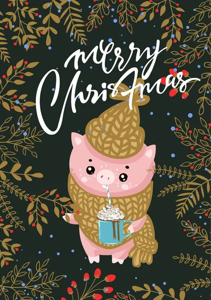 Cartão de ilustração vetorial com o símbolo do ano - porco amarelo com presentes de Natal. Porcos porcos porcos. Porquinho. Desenhos animados bonito engraçado personagem do bebê em boné de ano novo. Chinês — Vetor de Stock