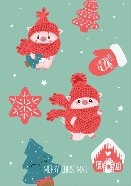 Cartão de ilustração vetorial com o símbolo do ano - porco amarelo com presentes de Natal. Porcos porcos porcos. Porquinho. Desenhos animados bonito engraçado personagem do bebê em boné de ano novo. Chinês — Vetor de Stock