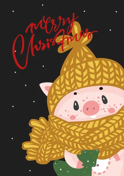 Vector εικονογράφηση κάρτας με το σύμβολο του χοίρου έτος - κίτρινο με χριστουγεννιάτικα δώρα. Στα άκρα των χοίρων χοιρομητέρα ζώο. Γλυκό γουρουνάκι. Χαριτωμένα κινούμενα σχέδια χαρακτήρα αστείο μωρό στο καπάκι το νέο έτος. Κινεζικά — Διανυσματικό Αρχείο