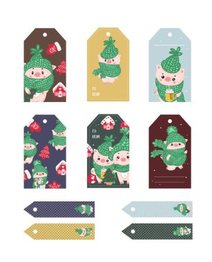 Noel şirin koleksiyonu Etiketler. Etiketleri şapka ve atkı komik domuzlarla. Vektör çizim.