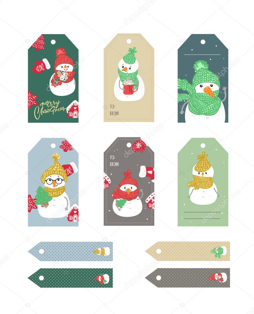 Set of Merry Christmas and New Year gift tags and cards. Vector illustration.
