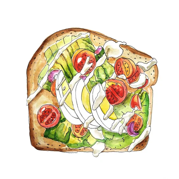 Ägg, ost och vegetabiliska smörgås illustration. Akvarell. Isolerad på vit bakgrund. — Stockfoto