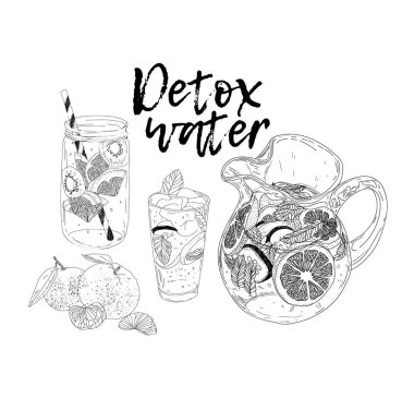 Çizilmiş vektör yaz buz el cittrus içkiyle. Limon ve nane. Suyu detoks. Doğrusal illüstrasyon. -Vektör çizim