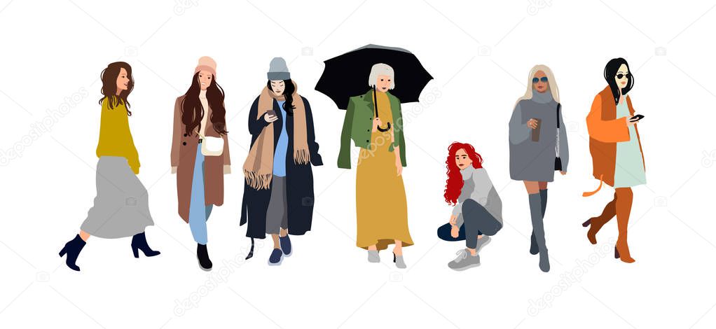 women or girls dressed in trendy clothes standing together. Group of friends. Female cartoon characters isolated on white background. Flat colored vector illustration - Vector illustration