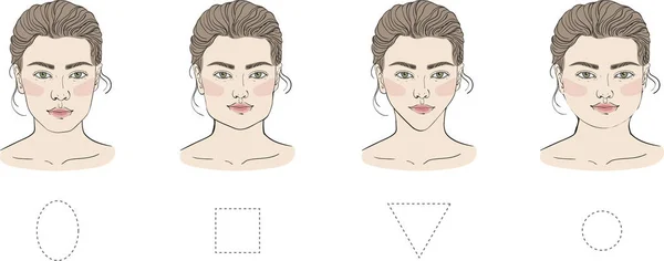 farklı saç modeli ile farklı kadın yüzü şekilleri. Uzun, oval, kare, yuvarlak, çoğu elmas ve üçgen. Vektör çizim. -Vektör çizim
