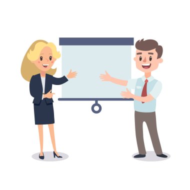 Erkek ve kadın bir proje mevcut. Çizgi film karakterleri ile vektör çizim. Takım oluşturma. Liderlik. Yönetim.