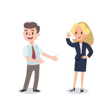 Erkek ve kadın bir proje mevcut. Çizgi film karakterleri ile vektör çizim. Takım oluşturma. Liderlik. Yönetim.