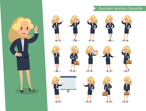 Üzletasszony Karakterkészlet Animálás Karakter Fiatal Hölgy Személyiség Konstruktor Különböző Testhelyzetek — Stock Vector