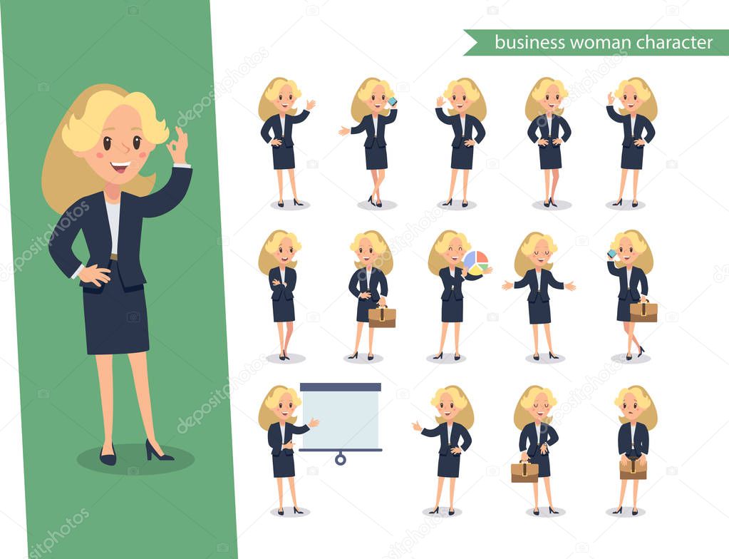 Businesswoman character set. Animate character. Young lady personage constructor. Different woman postures. Vector set personage.usinesswoman working character design set.