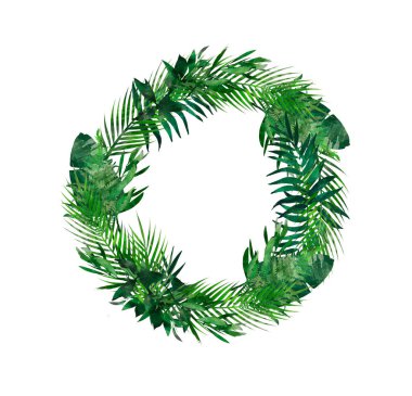 Suluboya modern dekoratif unsur. Okaliptüs yuvarlak yeşil yaprak çelenk, yeşil dallar, garland, sınır, çerçeve, zarif suluboya izole,