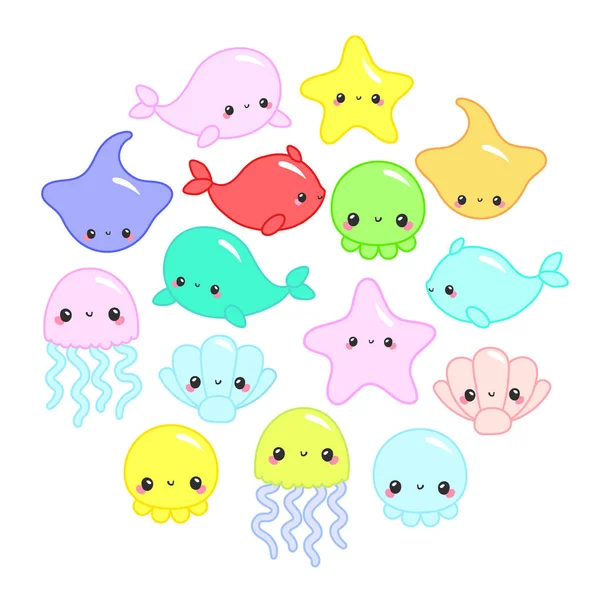 Lindos Animales Marinos Dibujos Animados Colores Círculo Para Diseños Bebés — Vector de stock