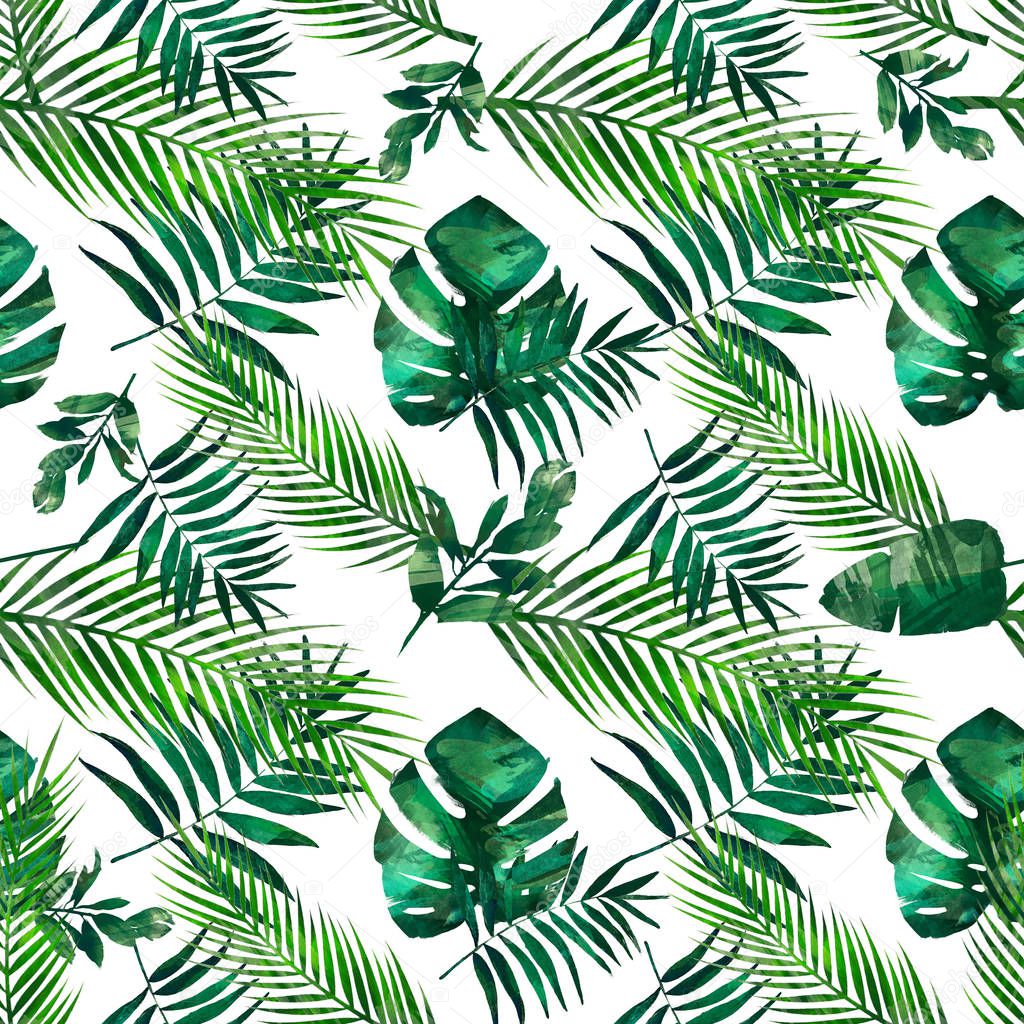 Watercolor seamless tropical pattern. Texture with tropical leaves, flowers, golden plants, palm trees. Great for wallpaper, scrapbooking, summer and wedding design, packaging, textiles, fabrics.