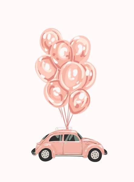 Pembe kadın araba balonlarla tasarımınız için. Retro araba. küçük pembe klasik Amerikan Vintage