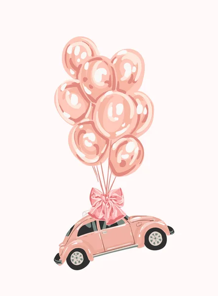 Pembe kadın araba balonlarla tasarımınız için. Retro araba. küçük pembe klasik Amerikan Vintage