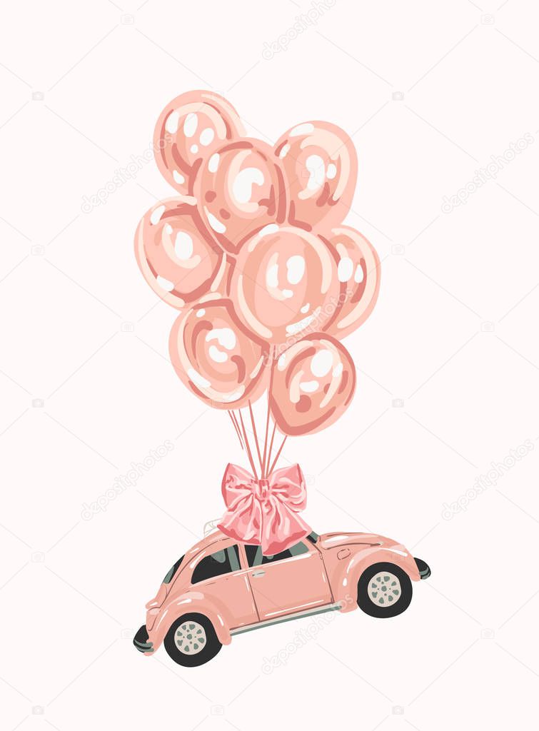 Pink female car with balloons for your design. Retro car. little pink Classic American Vintage