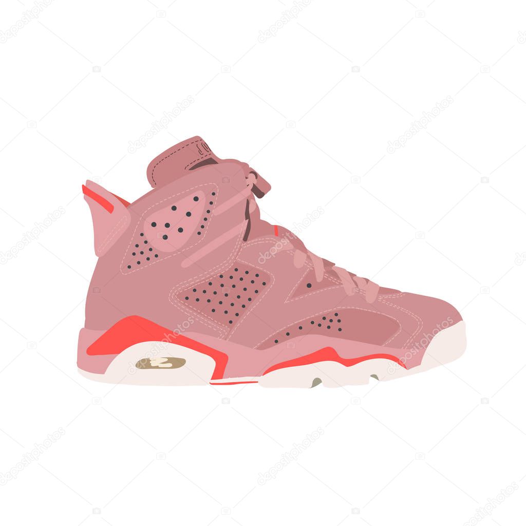 Jordan 6 Retro Aleali May. Sneaker shoe . Consept. Flat design. Vector illustration. Sneakers in flat style. Sneakers side view. Fashion pink sneakers.