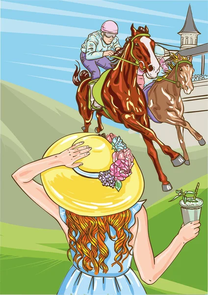 Horse racing competition. Vector illustration. Derby. Woman with cocktail in hat. — Stock Vector