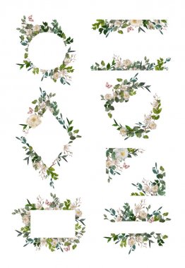 Beyaz arka planda el boyalı suluboya çiçek çelenk seti. Çelenk, çiçek çerçevesi, suluboya çiçekler, şakayık ve güller, Illustration el boyalı. Beyaz arka planda yalıtılmış.