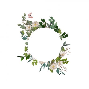 Beyaz arka planda el boyalı suluboya çiçek çelenk. Çelenk, çiçek çerçevesi, suluboya çiçekler, şakayık ve güller, Illustration el boyalı. Beyaz arka planda yalıtılmış.