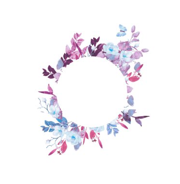 Beyaz arka planda el boyalı suluboya çiçek çelenk. Çelenk, çiçek çerçevesi, suluboya çiçekler, şakayık ve güller, Illustration el boyalı. Beyaz arka planda yalıtılmış.