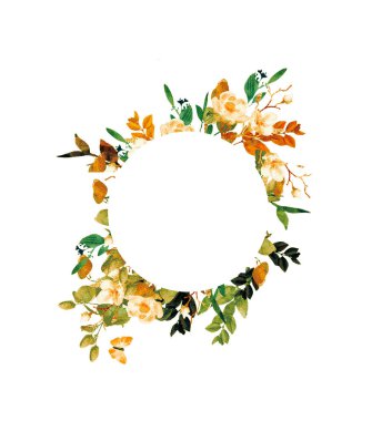 Beyaz arka planda el boyalı suluboya çiçek çelenk. Çelenk, çiçek çerçevesi, suluboya çiçekler, şakayık ve güller, Illustration el boyalı. Beyaz arka planda yalıtılmış.