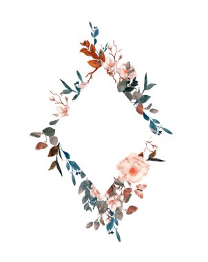 Beyaz arka planda el boyalı suluboya çiçek çelenk. Çelenk, çiçek çerçevesi, suluboya çiçekler, şakayık ve güller, Illustration el boyalı. Beyaz arka planda yalıtılmış.