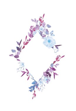 Beyaz arka planda el boyalı suluboya çiçek çelenk. Çelenk, çiçek çerçevesi, suluboya çiçekler, şakayık ve güller, Illustration el boyalı. Beyaz arka planda yalıtılmış.