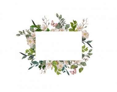 Beyaz arka planda el boyalı suluboya çiçek çelenk. Çelenk, çiçek çerçevesi, suluboya çiçekler, şakayık ve güller, Illustration el boyalı. Beyaz arka planda yalıtılmış.