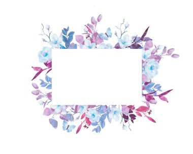 Beyaz arka planda el boyalı suluboya çiçek çelenk. Çelenk, çiçek çerçevesi, suluboya çiçekler, şakayık ve güller, Illustration el boyalı. Beyaz arka planda yalıtılmış.