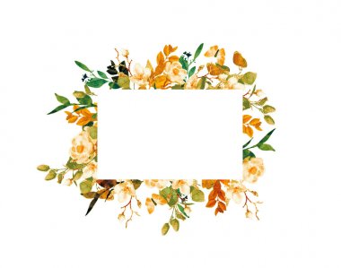 Beyaz arka planda el boyalı suluboya çiçek çelenk. Çelenk, çiçek çerçevesi, suluboya çiçekler, şakayık ve güller, Illustration el boyalı. Beyaz arka planda yalıtılmış.