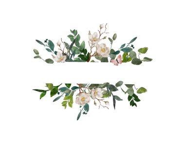 Beyaz arka planda el boyalı suluboya çiçek çelenk. Çelenk, çiçek çerçevesi, suluboya çiçekler, şakayık ve güller, Illustration el boyalı. Beyaz arka planda yalıtılmış.