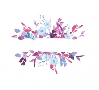 Beyaz arka planda el boyalı suluboya çiçek çelenk. Çelenk, çiçek çerçevesi, suluboya çiçekler, şakayık ve güller, Illustration el boyalı. Beyaz arka planda yalıtılmış.