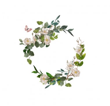 Beyaz arka planda el boyalı suluboya çiçek çelenk. Çelenk, çiçek çerçevesi, suluboya çiçekler, şakayık ve güller, Illustration el boyalı. Beyaz arka planda yalıtılmış.