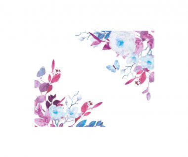 Beyaz arka planda el boyalı suluboya çiçek çelenk. Çelenk, çiçek çerçevesi, suluboya çiçekler, şakayık ve güller, Illustration el boyalı. Beyaz arka planda yalıtılmış.