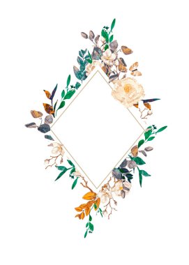 Beyaz arka planda el boyalı suluboya çiçek çelenk. Çelenk, çiçek çerçevesi, suluboya çiçekler, şakayık ve güller, Illustration el boyalı. Beyaz arka planda yalıtılmış.